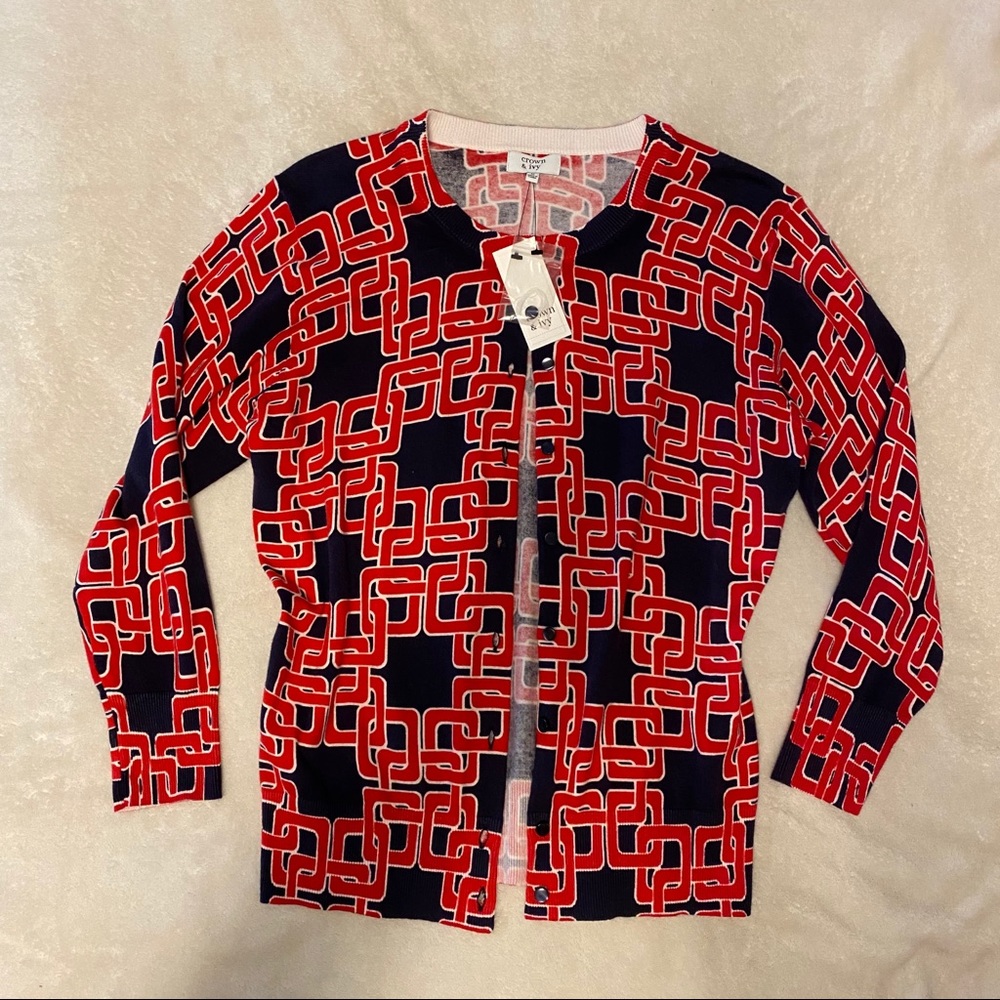 NWT Crown and Ivy Navy & red cardigan sweater